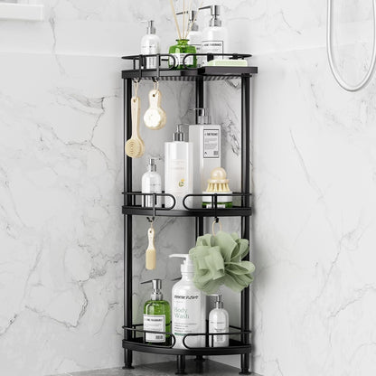 Corner Shower Caddy Standing - 3 Tier Rustproof Metal Shower Organizer Stand with Soap Holder and 4 Hooks, Freestanding Floor Shower Storage Stands for Bathroom, Black1