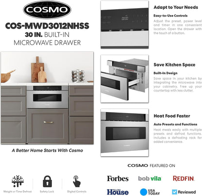 30 In. Haven Coll 1.2 Cu. Ft. Built-In Microwave Drawer, Stainless Steel |  COS-MWD3012NHSS Automatic Presets, Touch Controls,10 Power Levels, 1000W, Defrost Functions, Child Lock Function6