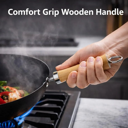 13.5" Carbon Steel Wok with Wooden Handle – Non-Stick Stir Fry Pan for Authentic Asian Cooking, Black3