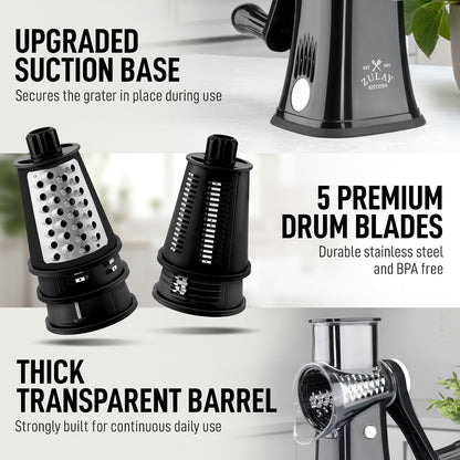 Rotary Cheese Grater 5 Blade Cheese Shredder - Manual Hand Crank Cheese Grater with Reinforced Suction & 5 Interchangeable Drums - Easy to Use, Vegetable Chopper round Mandoline Slicer7