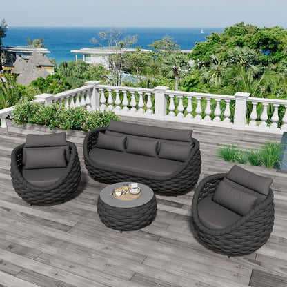 Woven Rope Patio Furniture Set: 4 Pieces Aluminum Outdoor Conversation Sofa Set Assembled - Modern Couch Set Cushioned - All Weather Metal Porch Seating for 5 Person Deck Garden Hotel, Dark Gray1