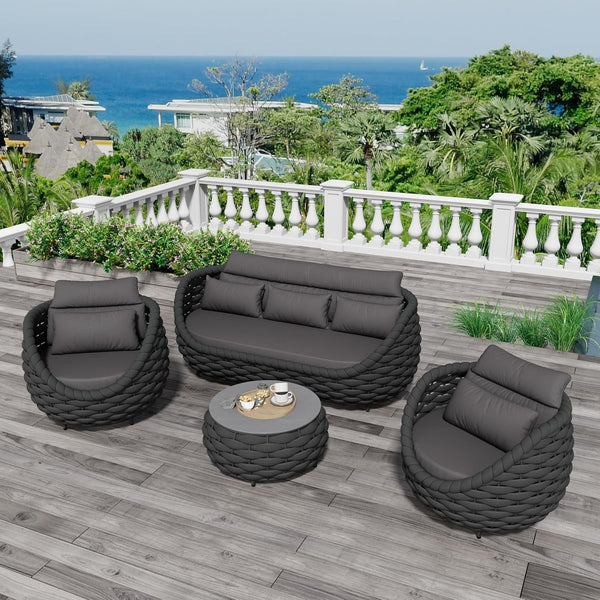 Woven Rope Patio Furniture Set: 4 Pieces Aluminum Outdoor Conversation Sofa Set Assembled - Modern Couch Set Cushioned - All Weather Metal Porch Seating for 5 Person Deck Garden Hotel, Dark Gray1