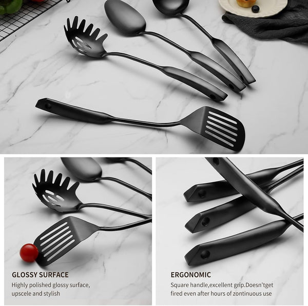 Kitchen Utensil Set, 9-Piece Cooking Utensil Set,Include 304 Stainless Steel Spatula Skimmer, Soup Ladle, Spaghetti Server,Slotted & Solid Spoon, Slotted Spatula Turner, Meat Fork(Black）3