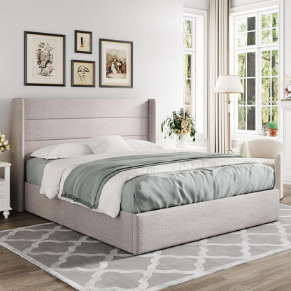 Queen Size Lift up Hydraulic Storage Bed Frame Light Beige8