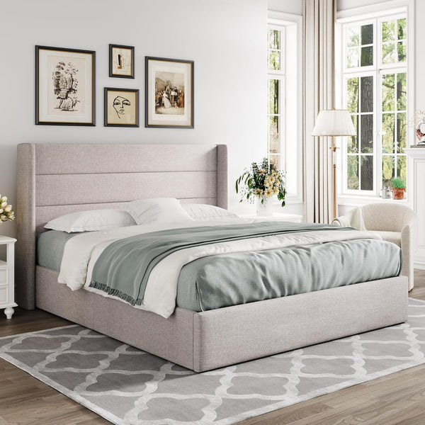 Queen Size Lift up Hydraulic Storage Bed Frame Light Beige8