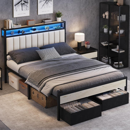 Queen Bed Frame with LED Lights & 2-Tier Storage Headboard9