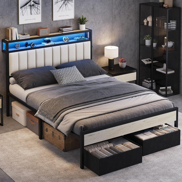 Queen Bed Frame with LED Lights & 2-Tier Storage Headboard9