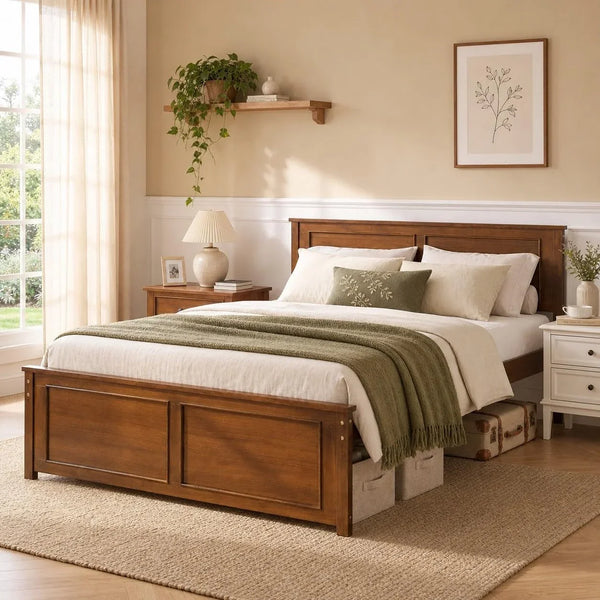 Walnut Full Size Wood Bed Frame with Headboard Under-Bed Storage Space1