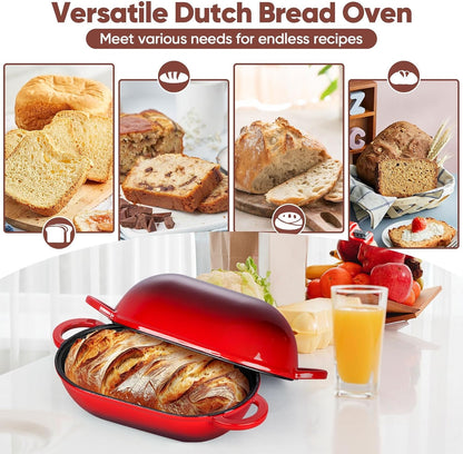 Enameled Cast Iron Bread Loaf Pan, 2 QT Oval Dutch Oven with Lid | for Sourdough Bread Baking, Enameled Meatloaf Loaf Baking Pan with Lid, Even Heat Distribution & Self-Basting, Red6