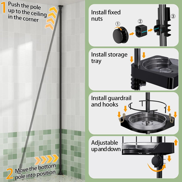 360° Rotating Corner Shower Caddy Tension Pole Organizer, Black8