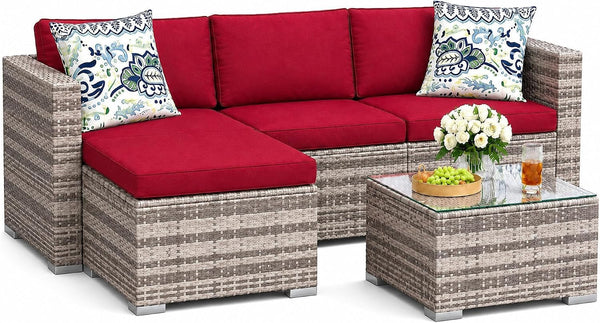 5 Piece Outdoor Patio Furniture Set, All-Weather PE Wicker Sectional Couch Set with Cushions and Ottomans, Outdoor Patio Conversation Set with Glass Table for Backyard, Porch, Balcony1