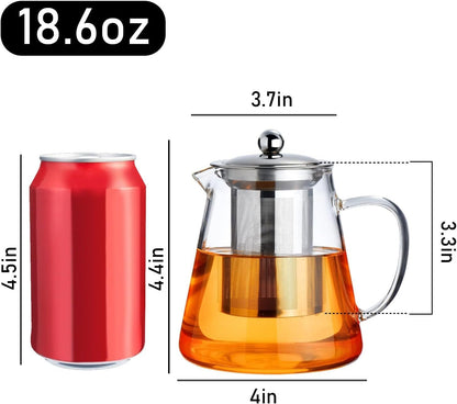 Glass Teapot Stovetop 18.6 OZ, Borosilicate Clear Tea Kettle with Removable 18/8 Stainless Steel Infuser, Teapot Blooming and Loose Leaf Tea Maker Tea Brewer for Camping, Travel (550ML) | Tea Infuser & Tea Strainer. Blooming Tea; Clear Teapot, Borosilicate Glass, Tea Brewer & Tea Maker, Loose Leaf Tea Steeper2