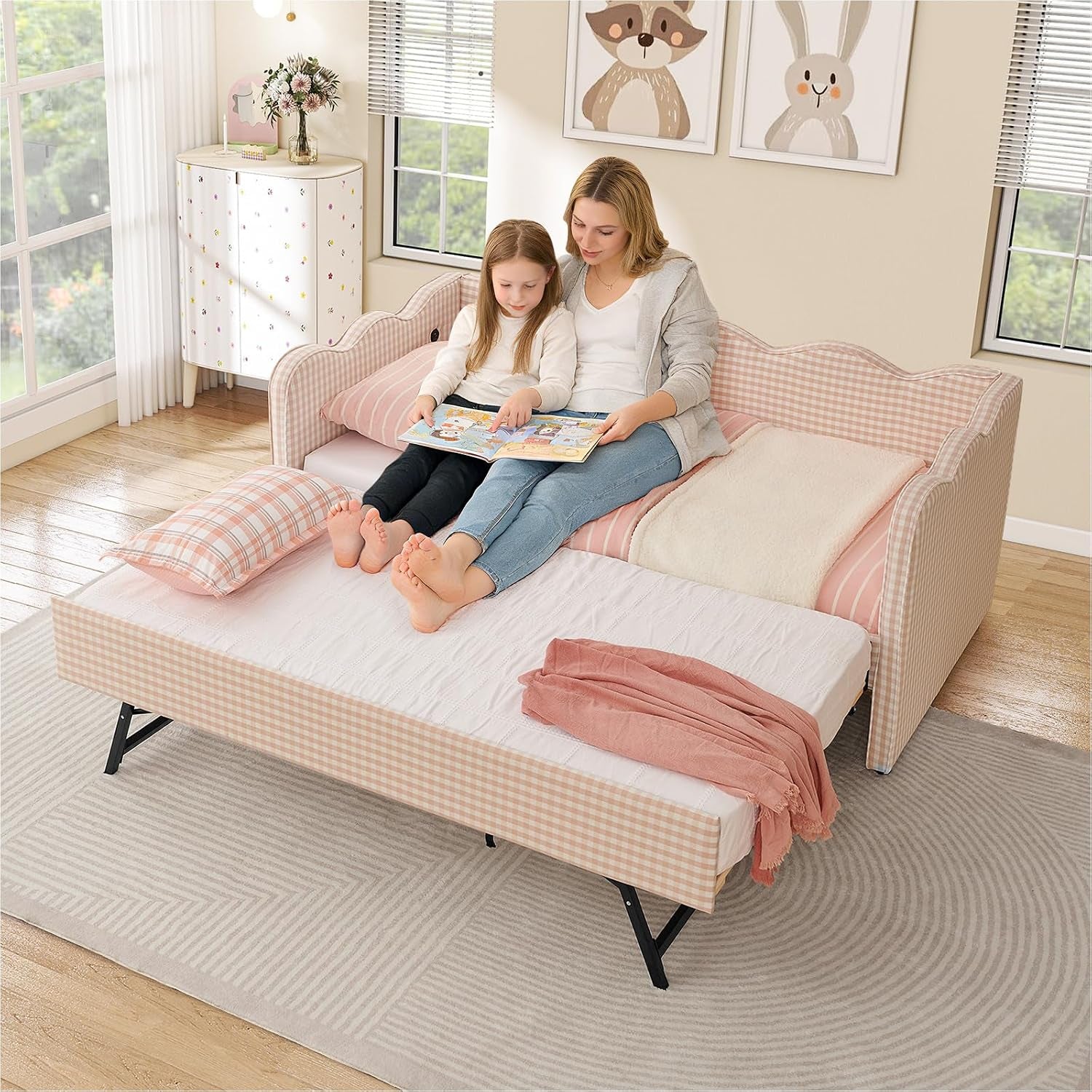 twin-size-daybed-with-pop-up-trundle-linen-gingham-twin-to-king-daybed-with-usb-ports-upholstered-day-bed-frame-modern-sofa-bed-for-living-room-bedroom-guest-room-no-box-spring-needed-pink