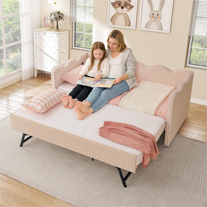Twin Size Daybed with Pop up Trundle, Linen Gingham Twin to King Daybed with USB Ports, Upholstered Day Bed Frame, Modern Sofa Bed for Living Room/Bedroom/Guest Room, No Box Spring Needed, Pink2
