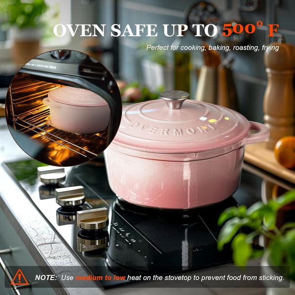 Enameled Cast Iron Dutch Oven - 4.5QT Pot with Lid Cookbook & Cotton Potholders - Heavy-Duty Cookware for Braising, Stews, Roasting, Sourdough Baking Pink5