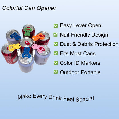 Soda Can Opener Set, 10PCS Easy Tab Opener and Drink Protector with Reusable Complete-Cover Plastic Can Toppers, Fits Coke, Beer & Aluminum Beverage Cans, 5 Colors Lids for Party, BBQ, Camping5