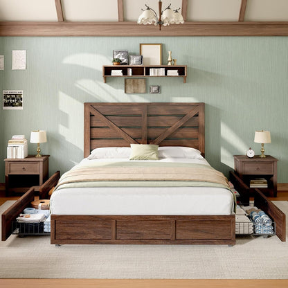 King Size Farmhouse Storage Bed Frame with Headboard & 4 Drawers4