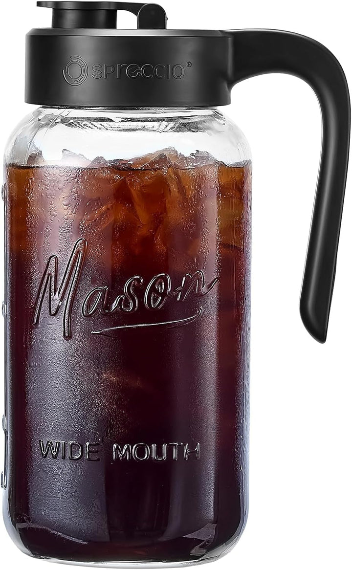 Mason Jar Pitcher, 64 Oz (2 Quart), Glass Pitcher with Lid | Airtight, Leak Proof, Ergonomic Handle, Pour Spout Lid, Fridge Safe, for Sun Tea, Iced Tea, Cold Brew, Lemonade, Outside
