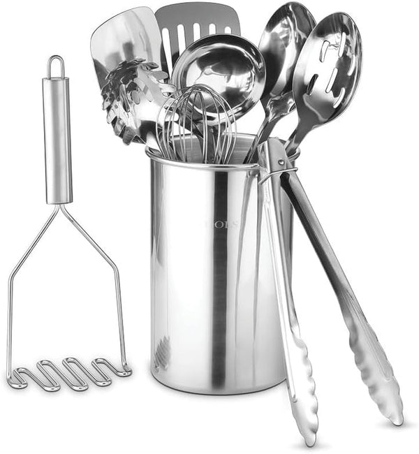 ® Premium Set of 10 Stainless Steel Kitchen Tool Set with Holder Easy to Clean, Space Saving, Great for Cooking, Baking, Prepping1