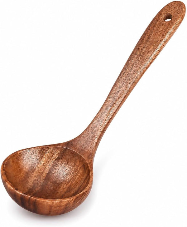 Wooden Soup Spoon, Natural Teak Wood Soup Ladle with Long Handle, Deep Scooper Serving Spoon for Soup, Gravy, Sauce, Porridge & Stew, No-Scratch Cooking Utensil for Nonstick Cookware, 10.6"1