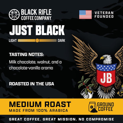 Black Rifle Coffee Medium Roast Ground Coffee Just Black 18 Oz | Veteran Founded, 100% Arabica, Cocoa, Vanilla & Buttery Notes, Ground Coffee Medium Roast2