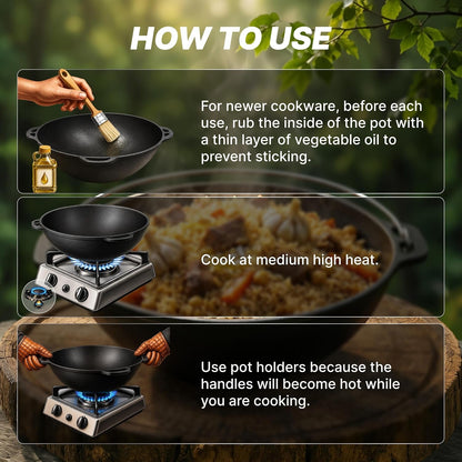 Kazan Uzbek Cast Iron Kazan for Plov Making Cookware Insulated Double Handle Pan Wide Mouth Cast Iron Dutch Oven, Outdoor Cooking Frying Pot, Lodge Cast Iron Skillet, 12 L5