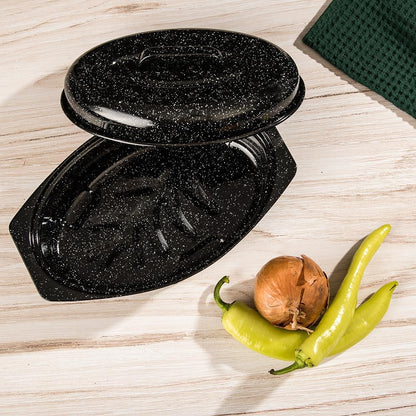 13" Oval Roaster with Lid – Enameled Steel, Oven Safe to 932°F – Ideal for Roasting, Baking & Sourdough Bread – Self-Basting Cover, Dishwasher Safe, 7 Lb Capacity | Oval Roaster Capacity, Roasts up to 7 Lb Poultry or Meat, Covered Cooking for Larger Meals, Speckled Black Steel Construction6
