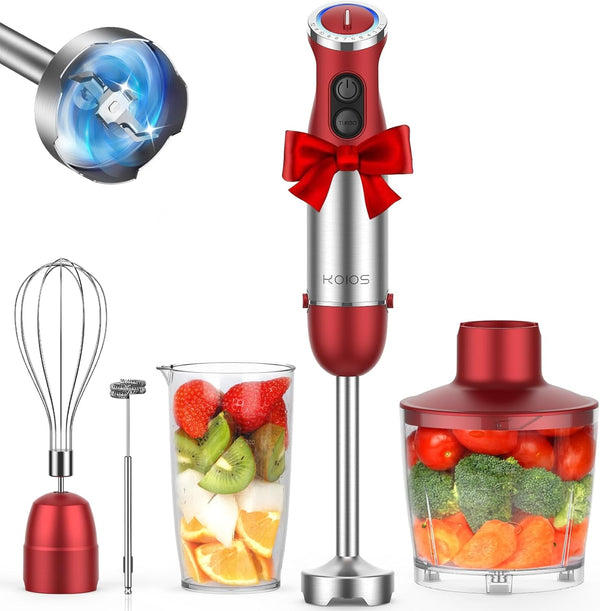 5-In-1 Hand Immersion Blender, 1000W 12 Speed Handheld Blender Stick with Copper Motor Stainless Steel Blade, 600Ml Mixing Beaker,500Ml Food Processor, Whisk, Milk Frother, Non-Bpa, Red1