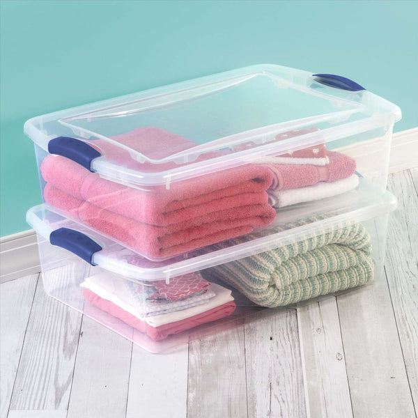 32 Qt Medium Latching Storage Bin, Clear Plastic Container with Secure Blue Latch Lid, 24" X 16" X 7", Stackable Underbed Storage Organizer for Bedroom, Closet and Dorm3