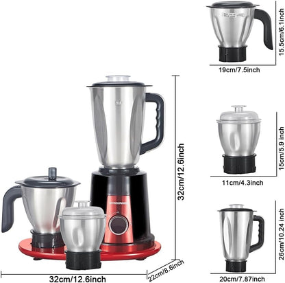 800W Mixer Grinder for Indian Cooking | 800W Copper Motor, 1.5L+1.0L+0.5L Jars, Wet/Dry Grinding, Masala, Chutney, Batter, Mincer & Grinder Attachments,110-120V 60Hz7