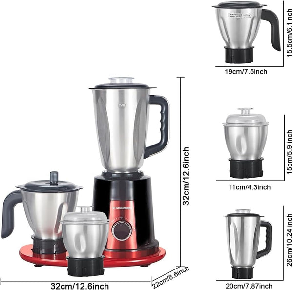 800W Mixer Grinder for Indian Cooking | 800W Copper Motor, 1.5L+1.0L+0.5L Jars, Wet/Dry Grinding, Masala, Chutney, Batter, Mincer & Grinder Attachments,110-120V 60Hz7