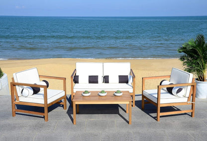 SAFAVIEH Outdoor Collection Montez Natural/ White Cushions/ Striped Bolster Pillows 4-Piece Conversation Patio Set8