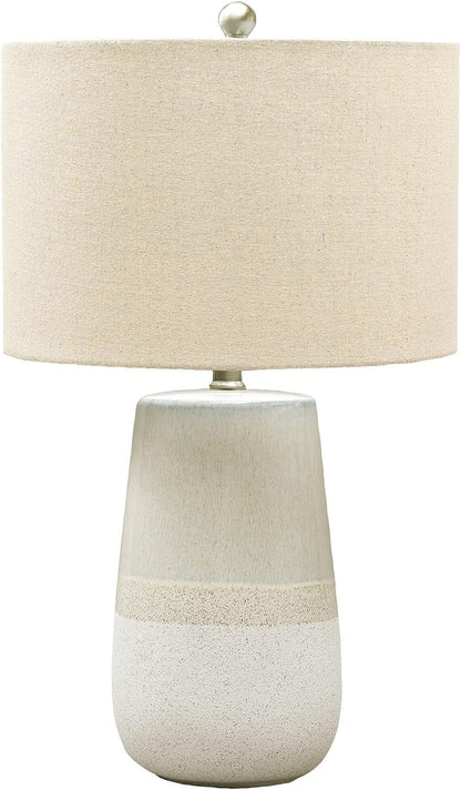 Signature Design by Ashley Shavon Ceramic Table Lamp, 26", 3-Way Switch | Textured Neutral Glazed Base, Beige and White Finish, Fabric Drum Shade, Versatile 3-Way Switch, Living Room Use1