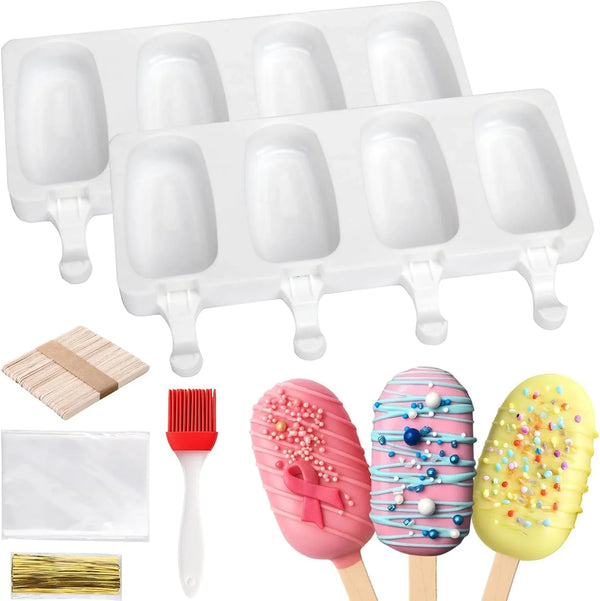 2 Pack Cake Pop Mold Silicone, 8 Cavity Reusable Cakesicle Molds | with 100 Sticks & Parcel Bags for Baking, Lollipops, Ice Cream, DIY Desserts, Cake Pop Maker Kit Easy Release1