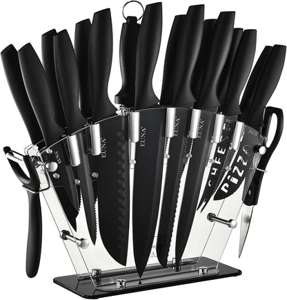 Kitchen Knife Set, 19 PCS Black Knife Set with Acrylic Block and Sharpener, German High-Carbon Stainless Steel Knife Sets with 6 Serrated Steak Knives, Bread Knife, Chef Knife, Dishwasher Safe1