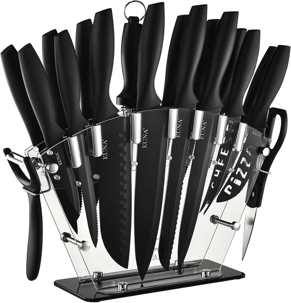 Kitchen Knife Set, 19 PCS Black Knife Set with Acrylic Block and Sharpener, German High-Carbon Stainless Steel Knife Sets with 6 Serrated Steak Knives, Bread Knife, Chef Knife, Dishwasher Safe1