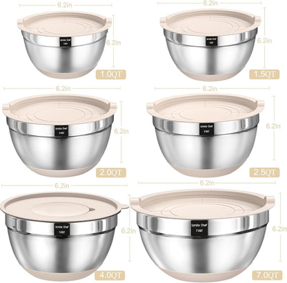 Mixing Bowls with Airtight Lids Set, 26PCS Stainless Steel Khaki Bowls with Grater Attachments, Non-Slip Bottoms & Kitchen Gadgets Set, Size 7, 4, 2.5, 2.0,1.5, 1QT, Great for Mixing & Serving2