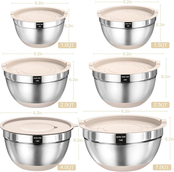 Mixing Bowls with Airtight Lids Set, 26PCS Stainless Steel Khaki Bowls with Grater Attachments, Non-Slip Bottoms & Kitchen Gadgets Set, Size 7, 4, 2.5, 2.0,1.5, 1QT, Great for Mixing & Serving2