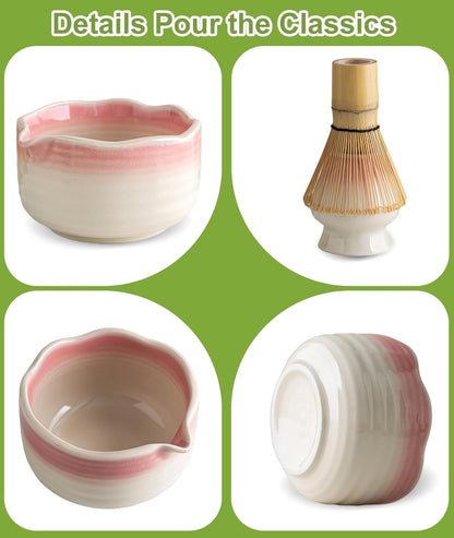 Matcha Whisk Set, 7PCS Matcha Set with Bamboo Whisk and Ceramic Bowl | Complete Matcha Kit Includes 17Oz Bowl, Handmade Whisk 100 Prongs, Holder, Spoon, Sifter for Matcha Lovers, Gradient Pink6