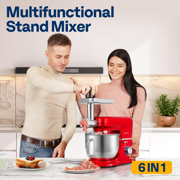 6-In-1 Stand Mixer, 8.5-Quart Tilt-Head Mixer, 10 Speeds, Red | Meat Grinder & Glass Blender Jar, Pasta Maker & Slicer, Stainless Steel Bowl, Dough Hook, Beater, Whisk, Splash Guard2
