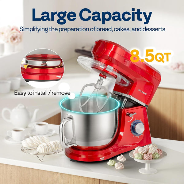 6-In-1 Stand Mixer, 8.5-Quart Tilt-Head Mixer, 10 Speeds, Red | Meat Grinder & Glass Blender Jar, Pasta Maker & Slicer, Stainless Steel Bowl, Dough Hook, Beater, Whisk, Splash Guard4