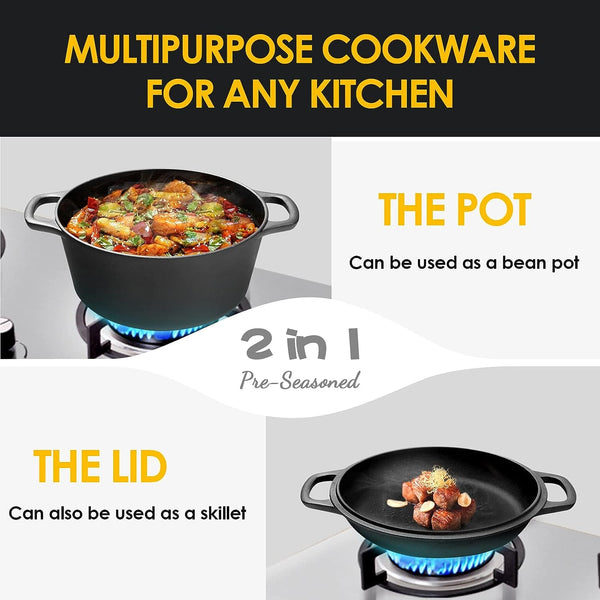 2-In-1 Pre-Seasoned Cast Iron Dutch Oven Pot with Skillet Lid Cooking Pan, Cast Iron Skillet Cookware Pan Set with Dual Handles, Indoor Outdoor for Bread/Frying/Baking/Camping/Bbq, 5 Qt4