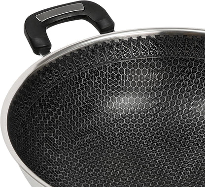 Stainless Steel Wok Pan Stir-Fry Wok Non Stick Frying Pan Honeycomb Skillet with Handle Lid for Gas Stove, Induction Cooker Ceramic Stove, Silver Black (13In-With Steamer Basket)7