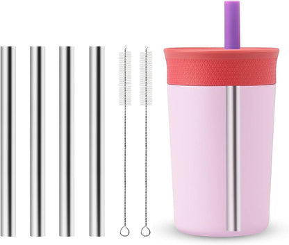 Metal Straw Replacement Compatible with Owala Kids Tumbler Cup 12Oz & 15Oz, Stainless Steel Straws for Owala Kids Water Bottle Accessories, with 2 Straw Cleaner, Reusable - 4Pcs1