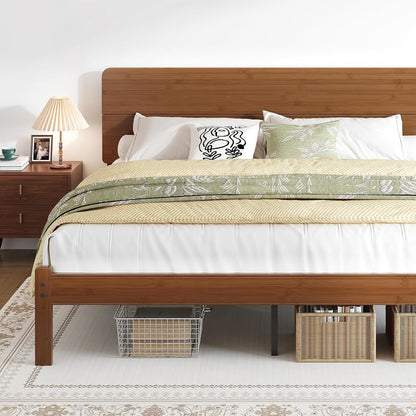 14" King Size Bamboo Wood Platform Bed Frame with Headboard, Brown1