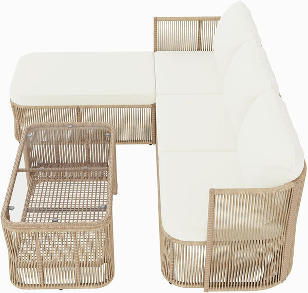 Outdoor Patio Furniture Set, PE Rattan Wicker Conversation Sofa Set with Iron Frame Cushions and Glass Top Coffee Table, Modular Backyard Balcony Seating Set, Dark Beige8