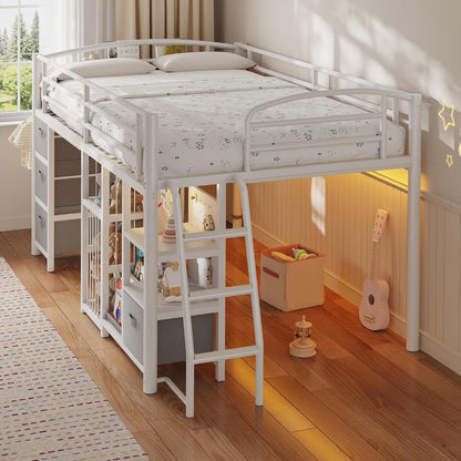Twin Low Loft Bed, Kids Loft Bed, Storage Drawers, LED Lights, White Gray9
