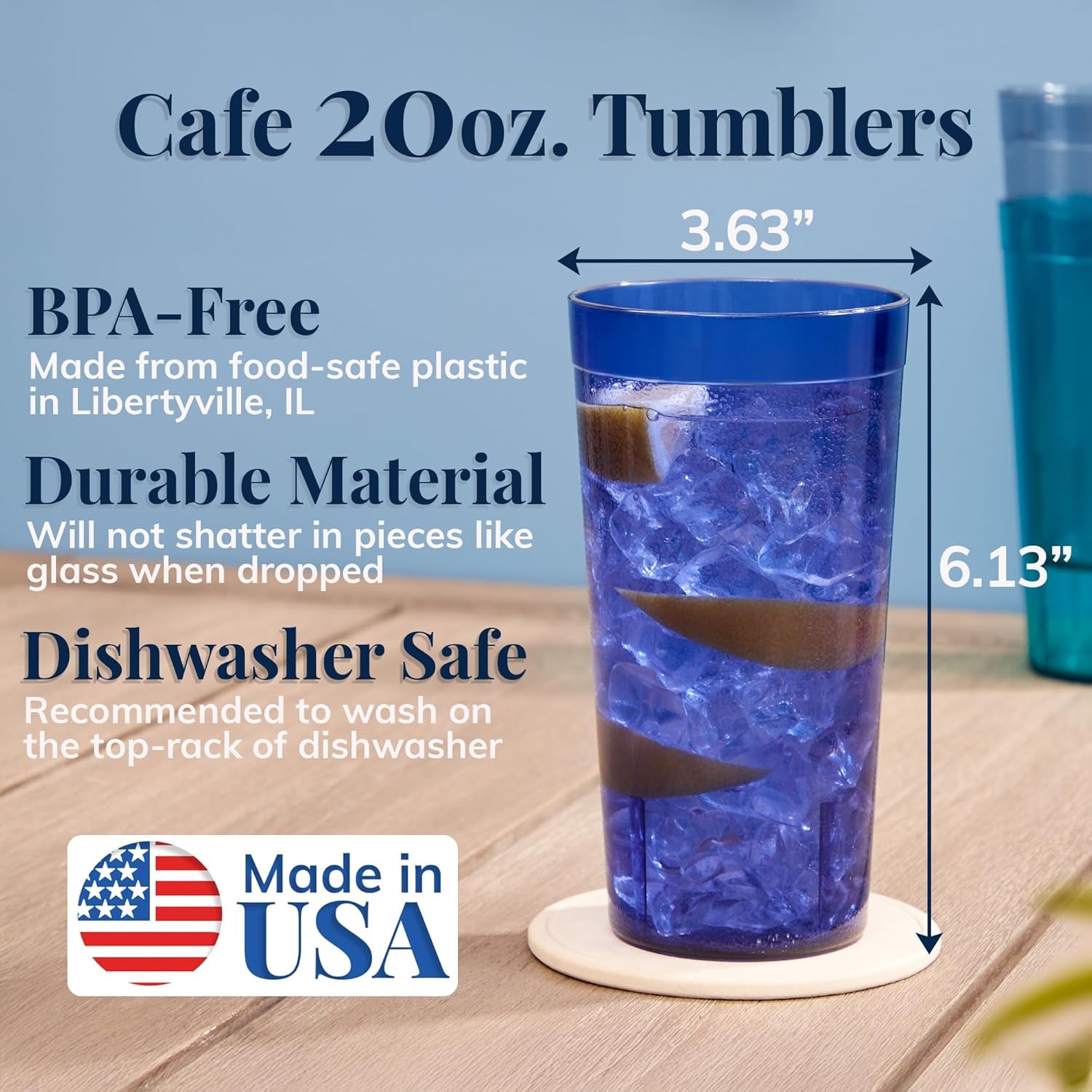 cafe-plastic-reusable-tumblers-set-of-16-20-ounce-water-cups-coastal-colors-restaurant-style-drinking-glasses-value-set-stackable-bpa-free-made-in-the-usa-top-rack-dishwasher-safe