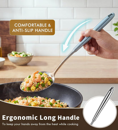 4 Pcs Stainless Steel Cooking Spoons Set, 304 Solid & Slotted Metal Serving Spoons, Pasta Fork, Large Soup Ladle, High Heat Resistant Kitchen Cooking Utensils for Mixing, Stirring, Dishwasher Safe4