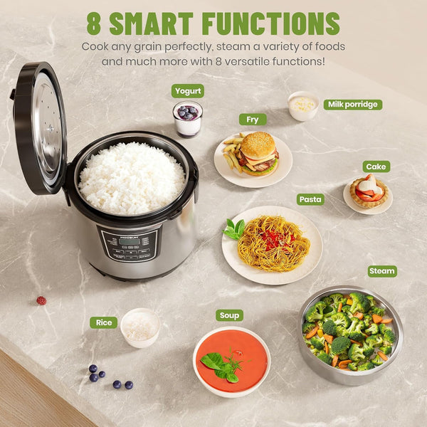 20 Cup Cooked (10 Cup Uncooked) Rice Cooker with 8 Functions, Healthy Cooking Stainless Steel Pot & Steamer, Removable Inner Cover, Stainless Steel Silver4